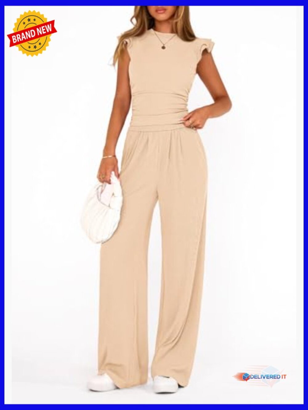 Two Piece Sets Women Dressy Cap Sleeve Ruffle Top Wide Leg Pants Matching Set - Picture 6 of 7